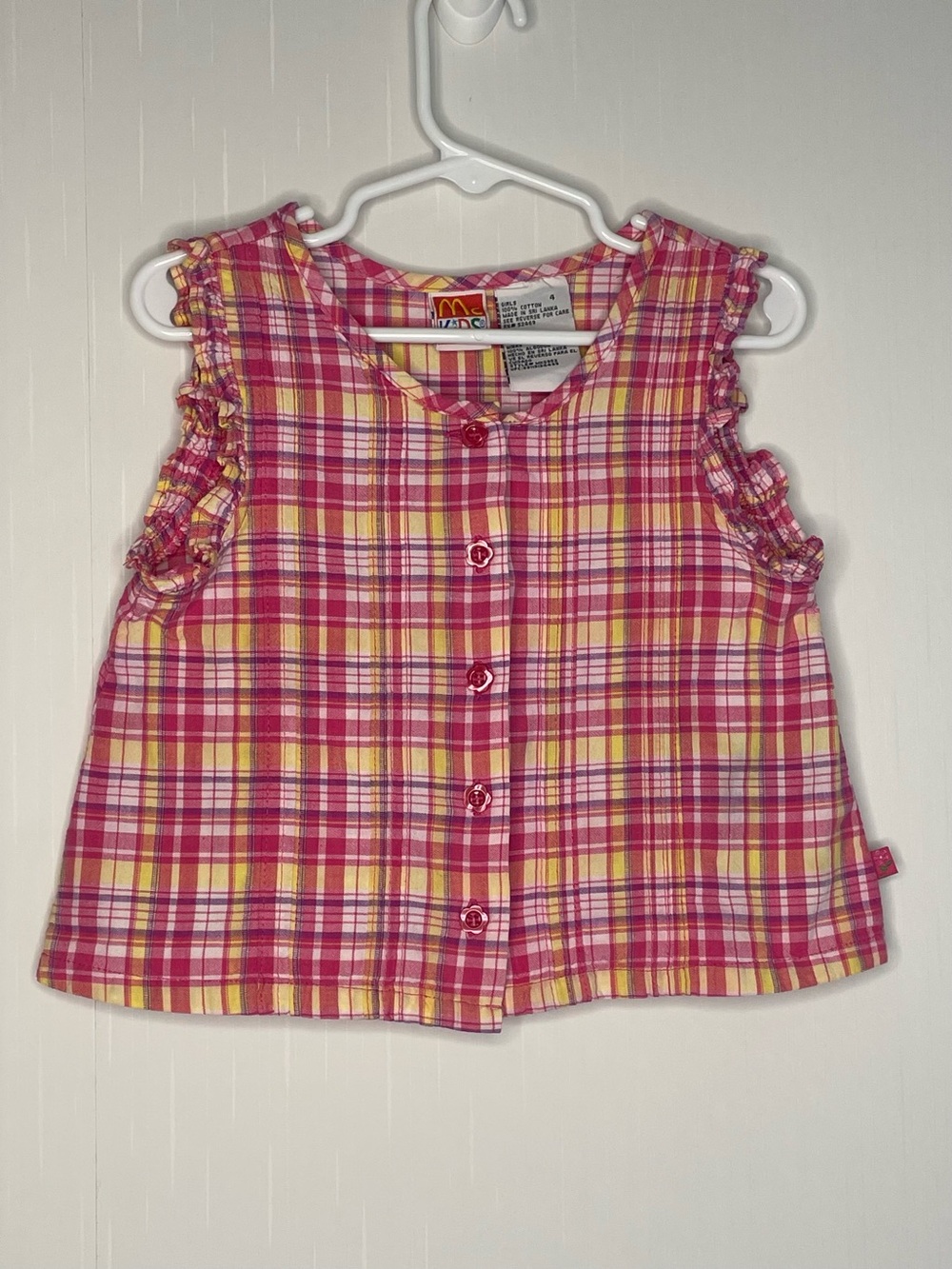 VTG McKids McDonald's Plaid Sleeveless Ruffle Top Size 4 Cotton Pink Yellow